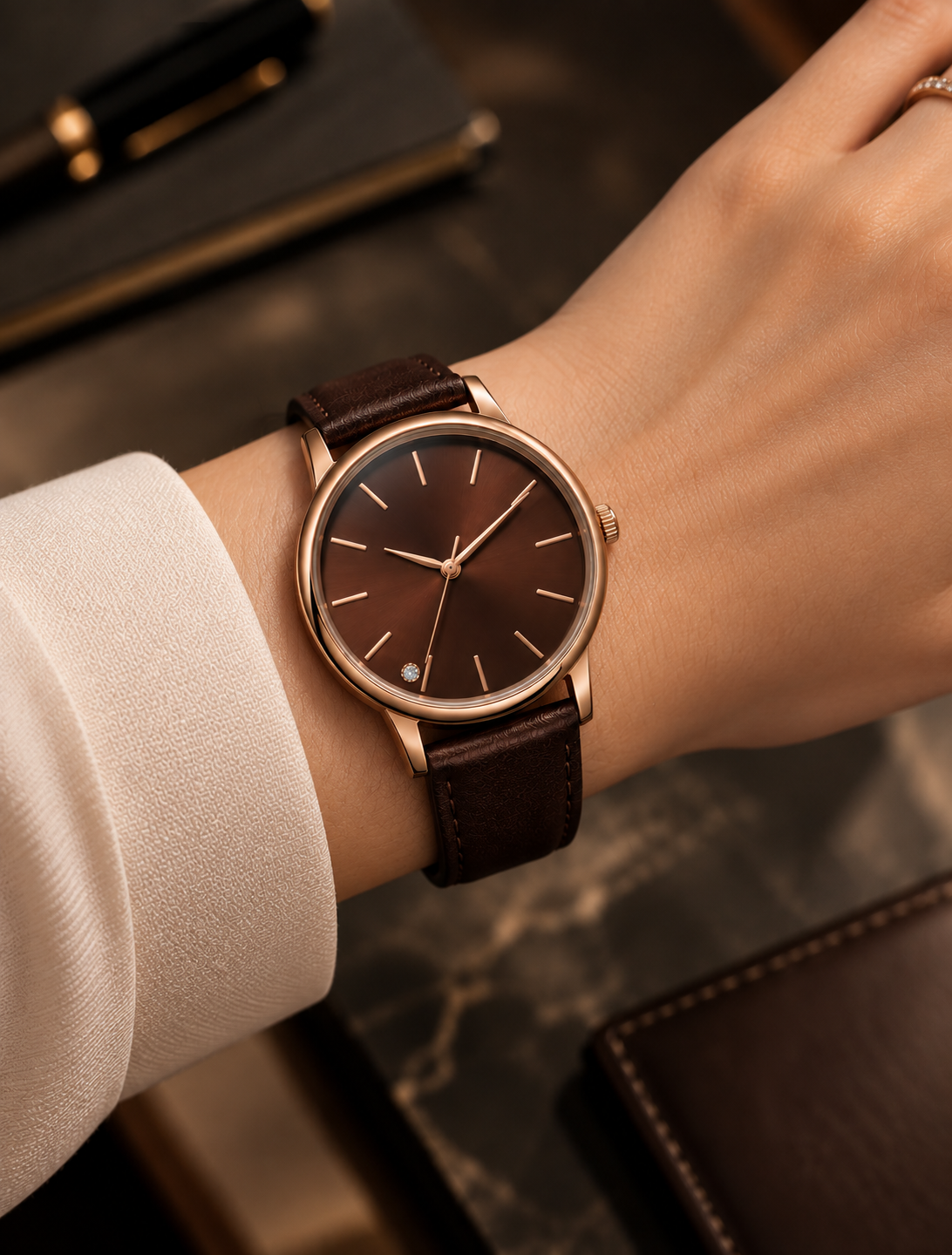 Mulank 3 Jupiter Energy Watch for Women – Golden/Rose Gold Dial with Brown Leather Strap